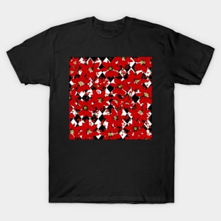 HARLEQUIN AND POINSETTIAS IN BLACK AND WHITE AND RED T-Shirt